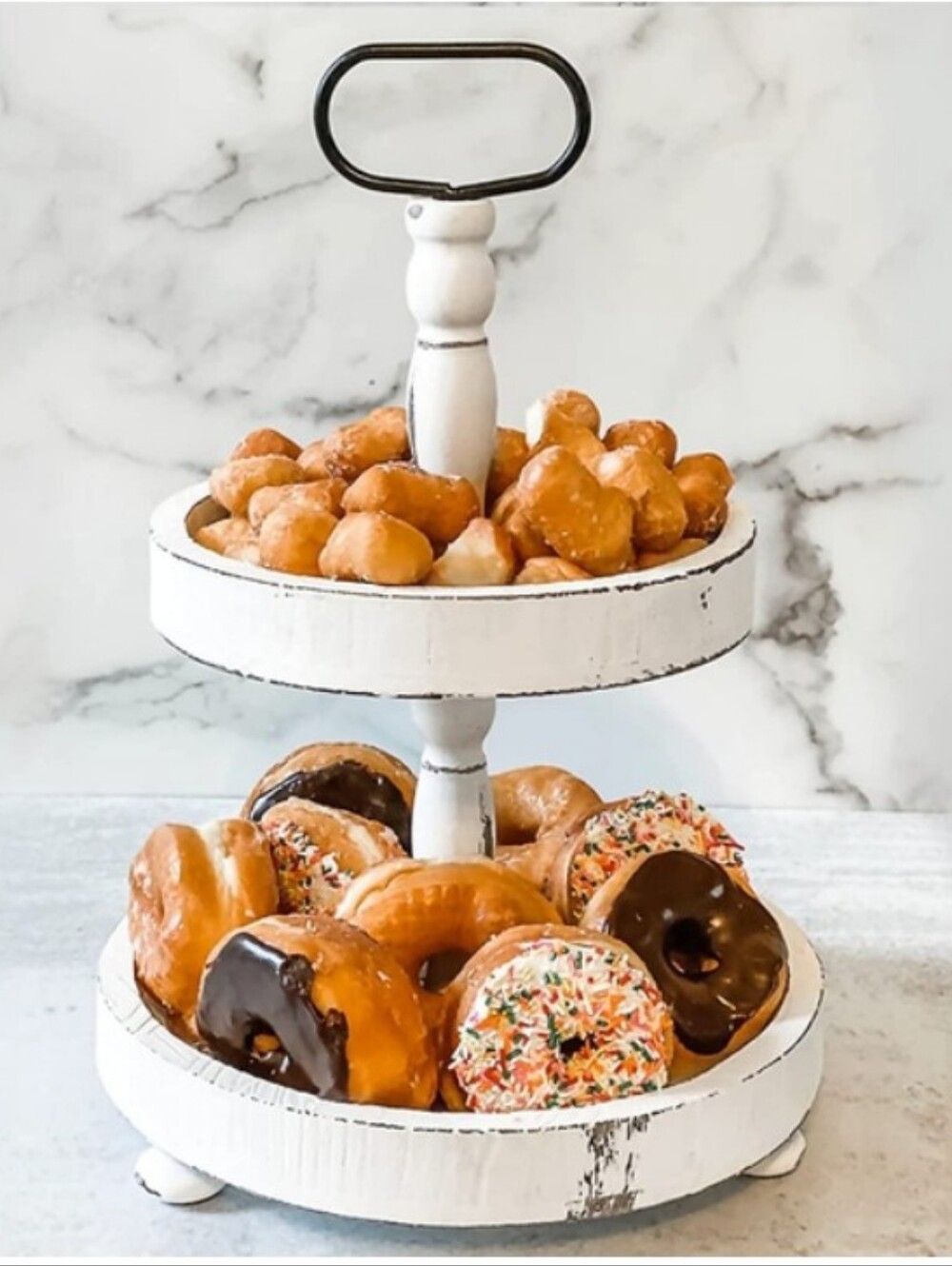 MODERN FARMHOUSE Two-Tier Rustic White Wood Dessert Stand with Handle Nwt